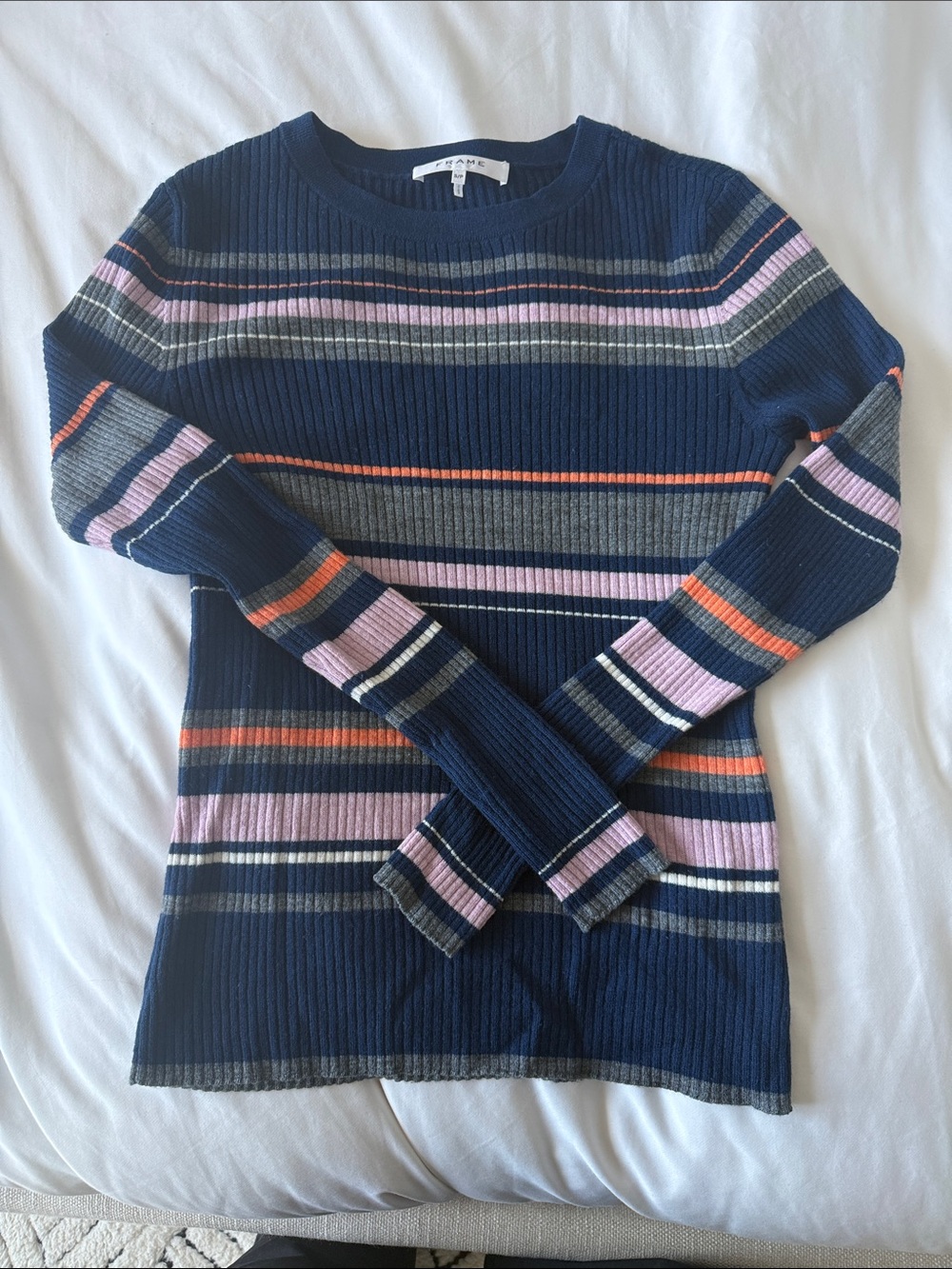 Frame Denim Navy Crewneck Sweater with Pink & Orange Stripes
